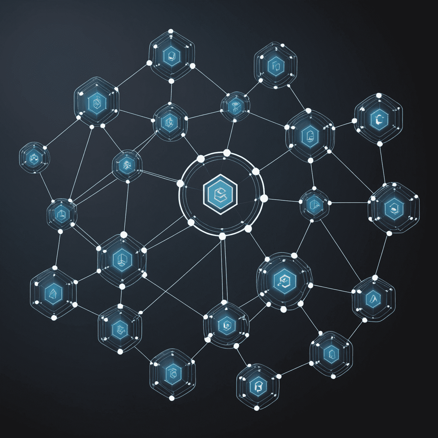 Animated infographic showing blockchain nodes connected in a network, with secure transaction symbols flowing between them