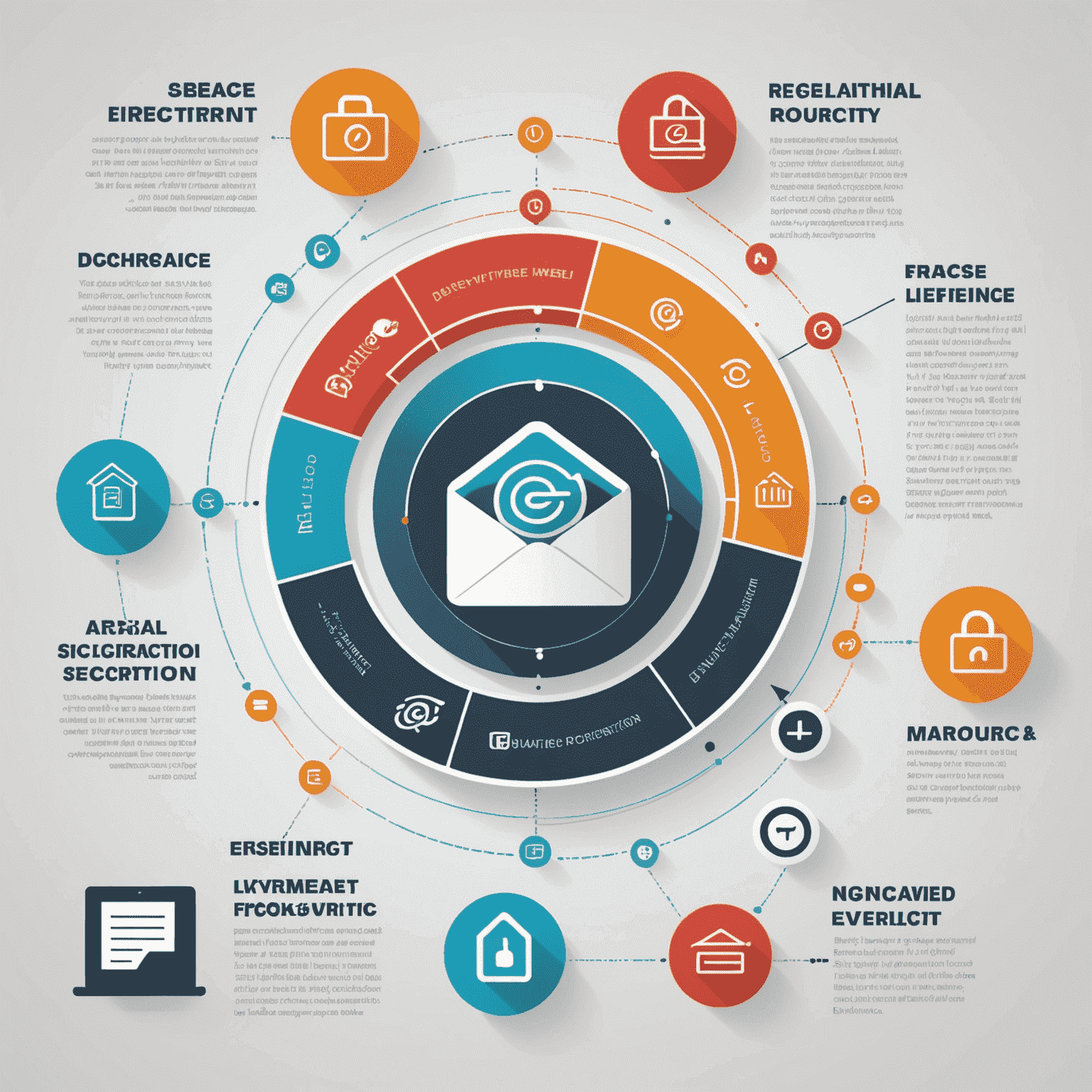 Animated infographic showing various email security layers including AI threat detection, encryption, and firewall