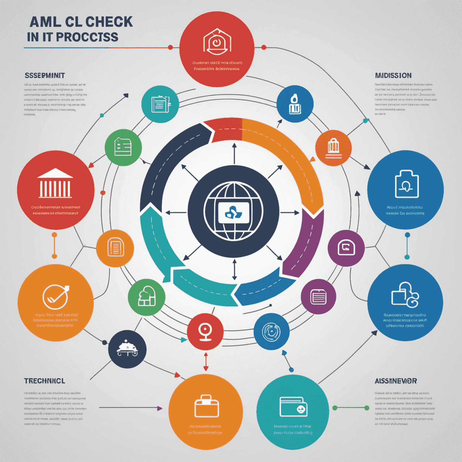 An animated infographic showing the AML check process in tech innovation. The image displays a flowchart with steps such as customer identification, transaction monitoring, risk assessment, and reporting suspicious activities. Each step is represented by a colorful icon and connected by animated arrows.