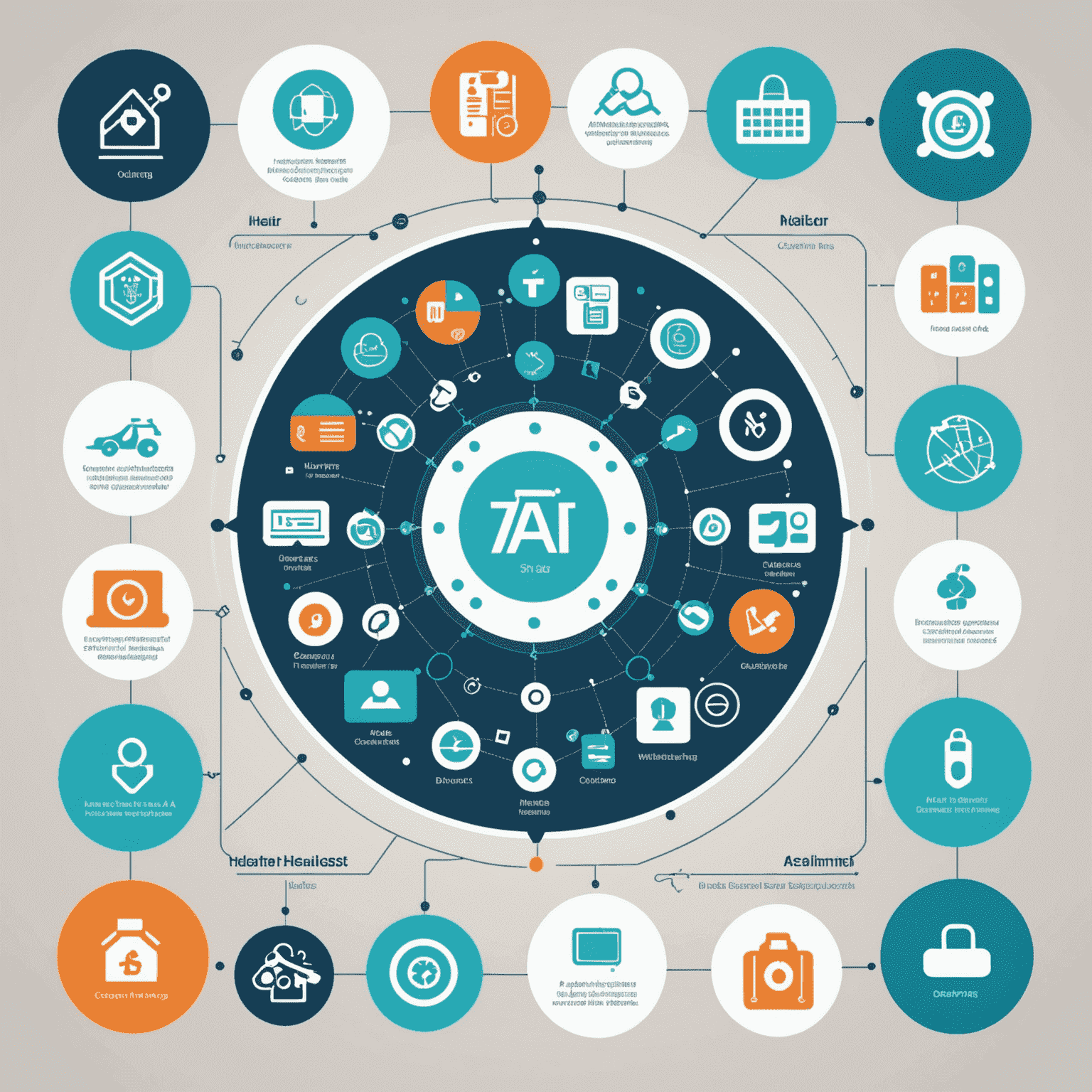 Infographic showing AI applications across different industries, with icons representing healthcare, finance, manufacturing, and customer service