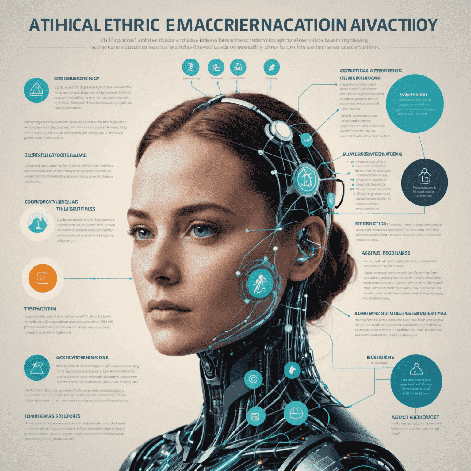 Infographic showing AI ethical considerations including bias, privacy, and transparency. The image is animated, with each consideration lighting up sequentially.