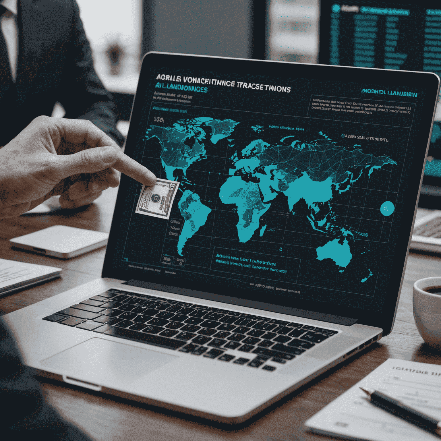 Animated visualization of AI detecting anomalies in financial transactions, highlighting potential money laundering activities