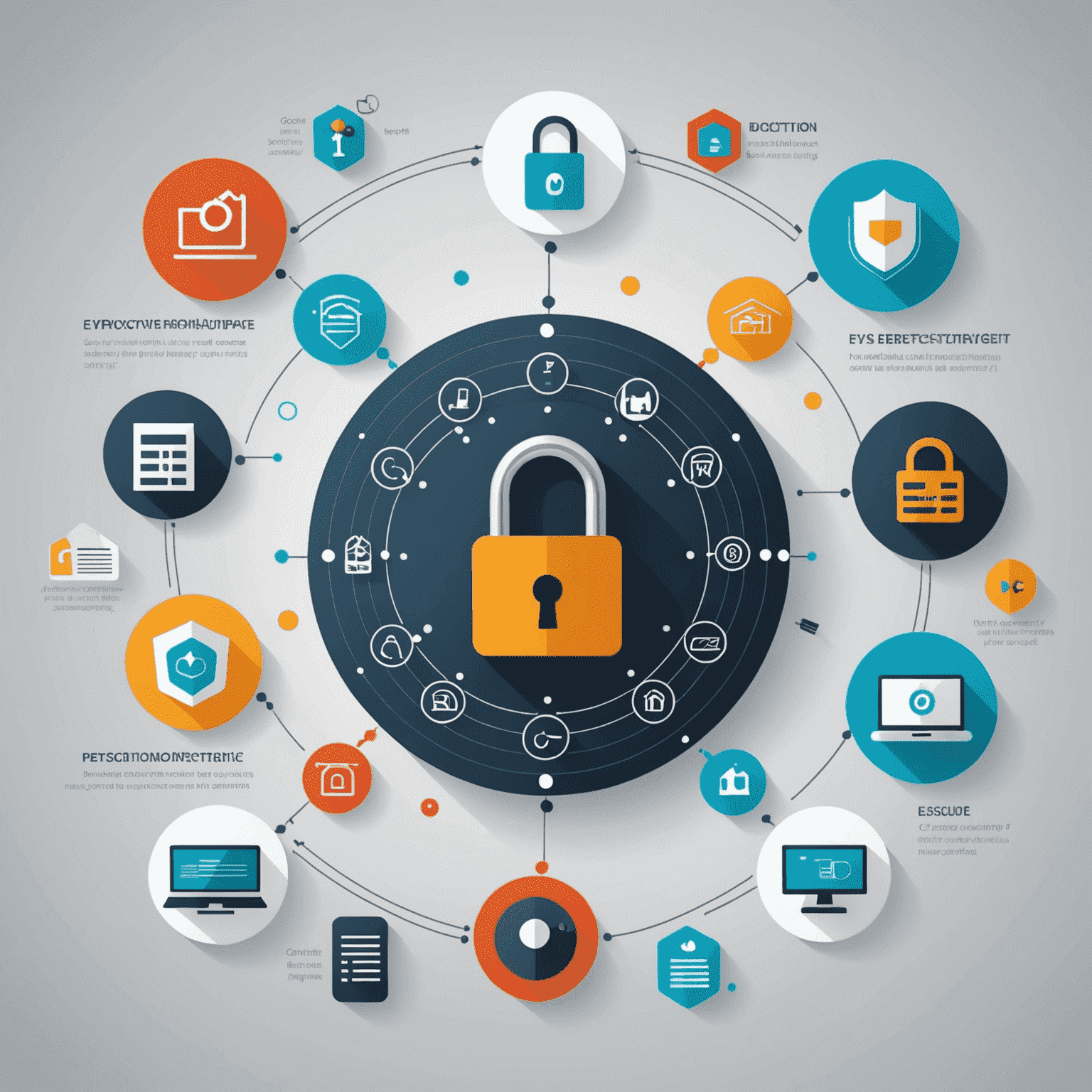 Animated infographic illustrating data protection measures: encryption, security audits, access controls, and secure storage