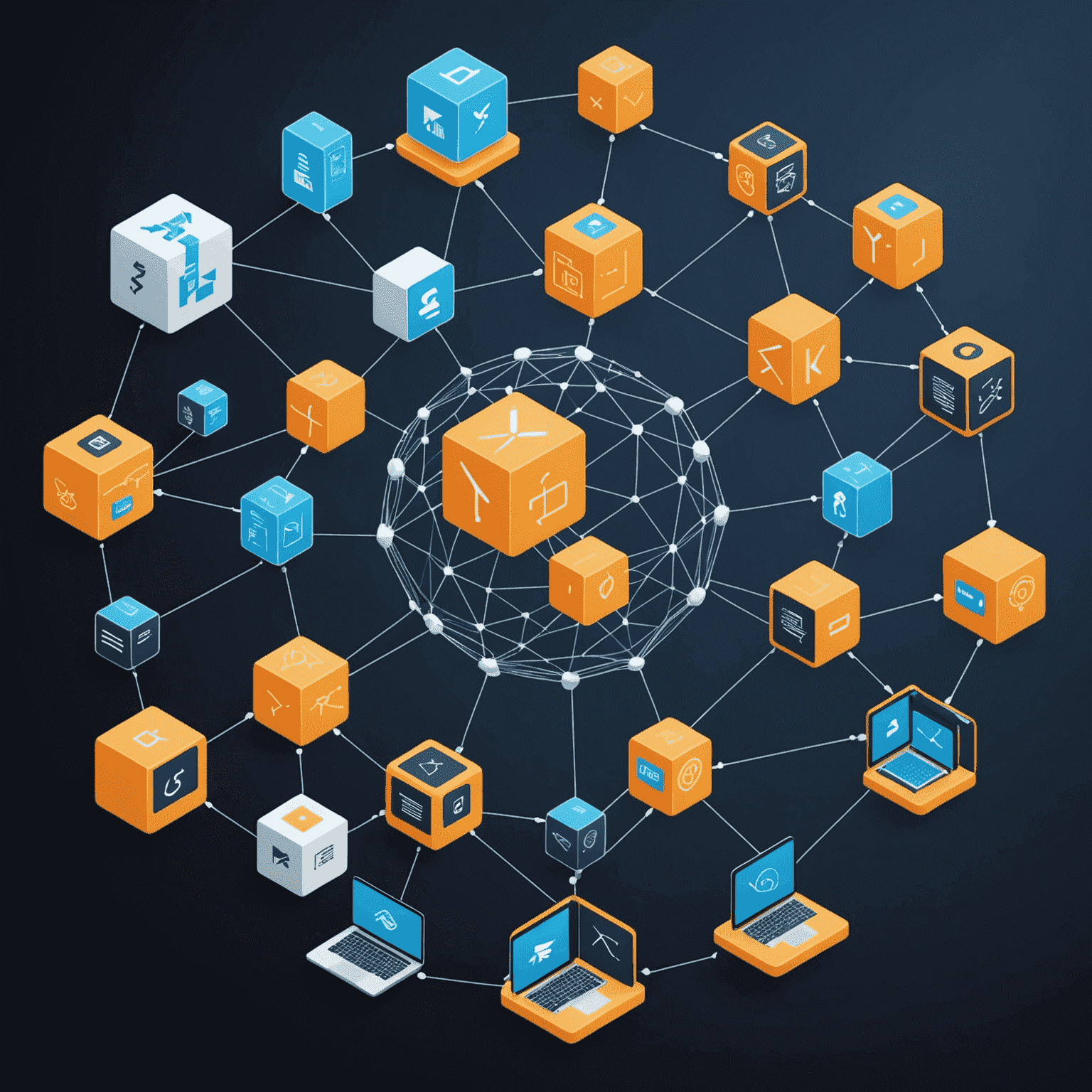 Visual representation of a blockchain network connecting various applications like supply chain, digital identity, voting, and intellectual property management