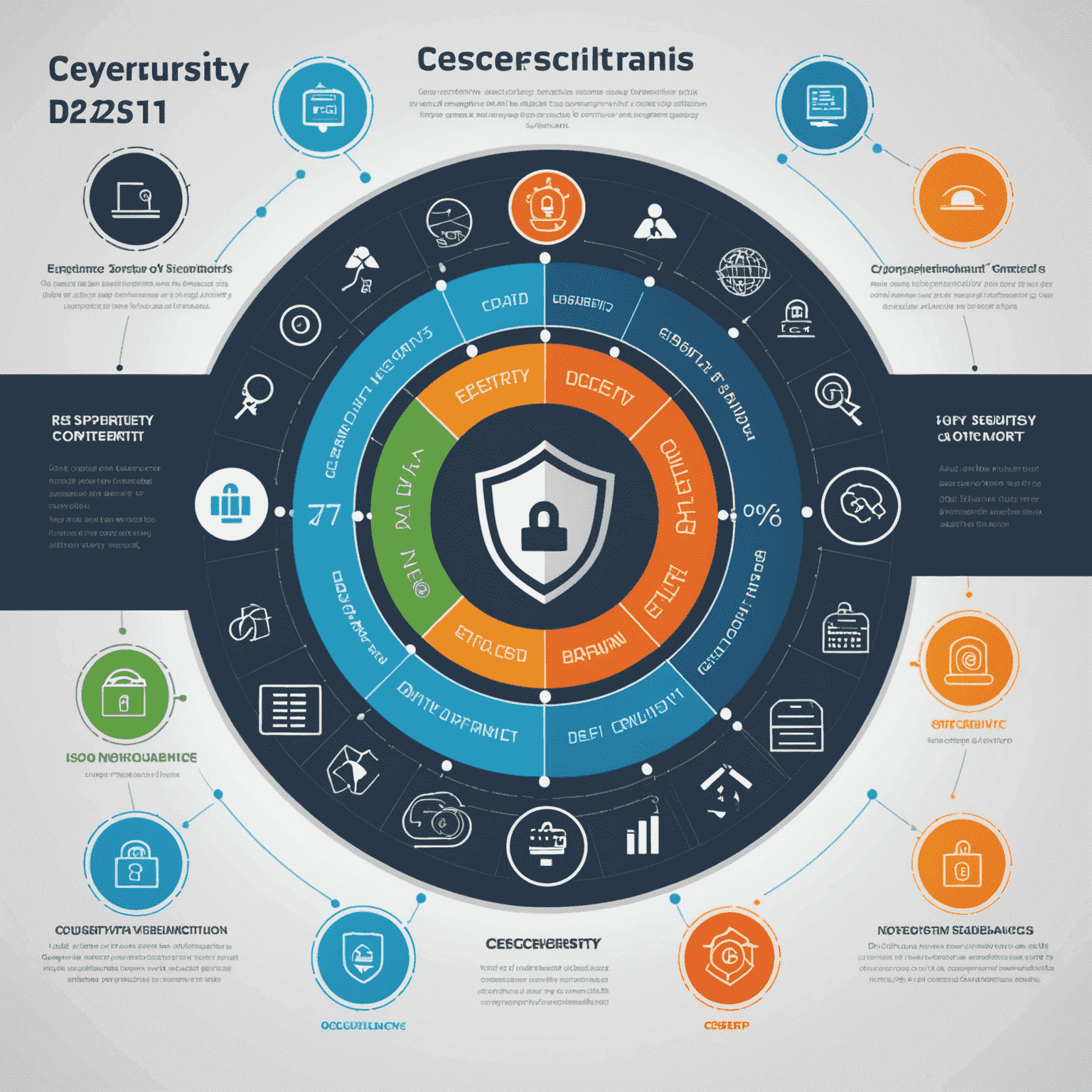 Animated infographic displaying various cybersecurity compliance standards (e.g., ISO 27001, NIST) with icons representing different aspects of security such as encryption, access control, and threat detection.