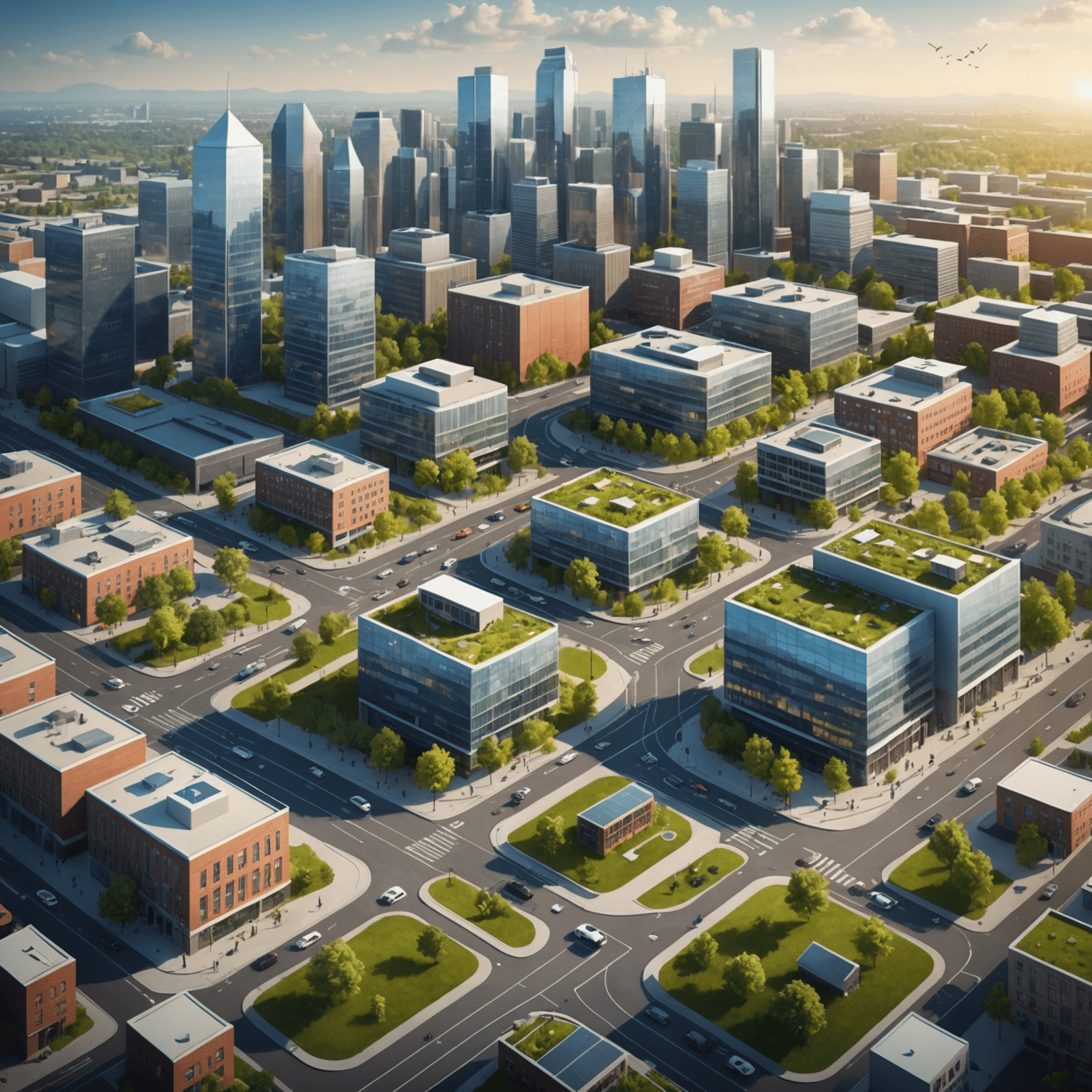 Illustration of a smart city ecosystem with connected devices in buildings, streets, farms, and hospitals