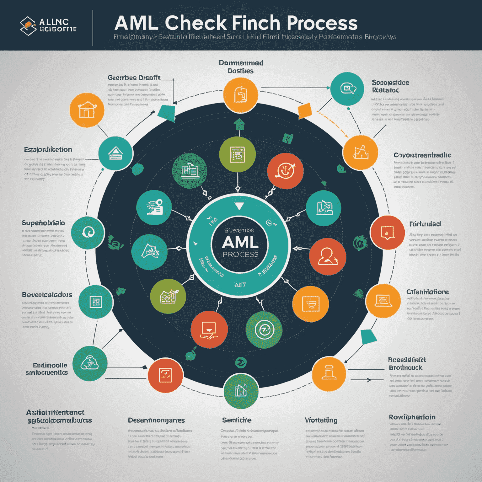 Dynamic infographic showing the AML check process in fintech, with animated arrows moving through stages like customer verification, transaction monitoring, and suspicious activity reporting.