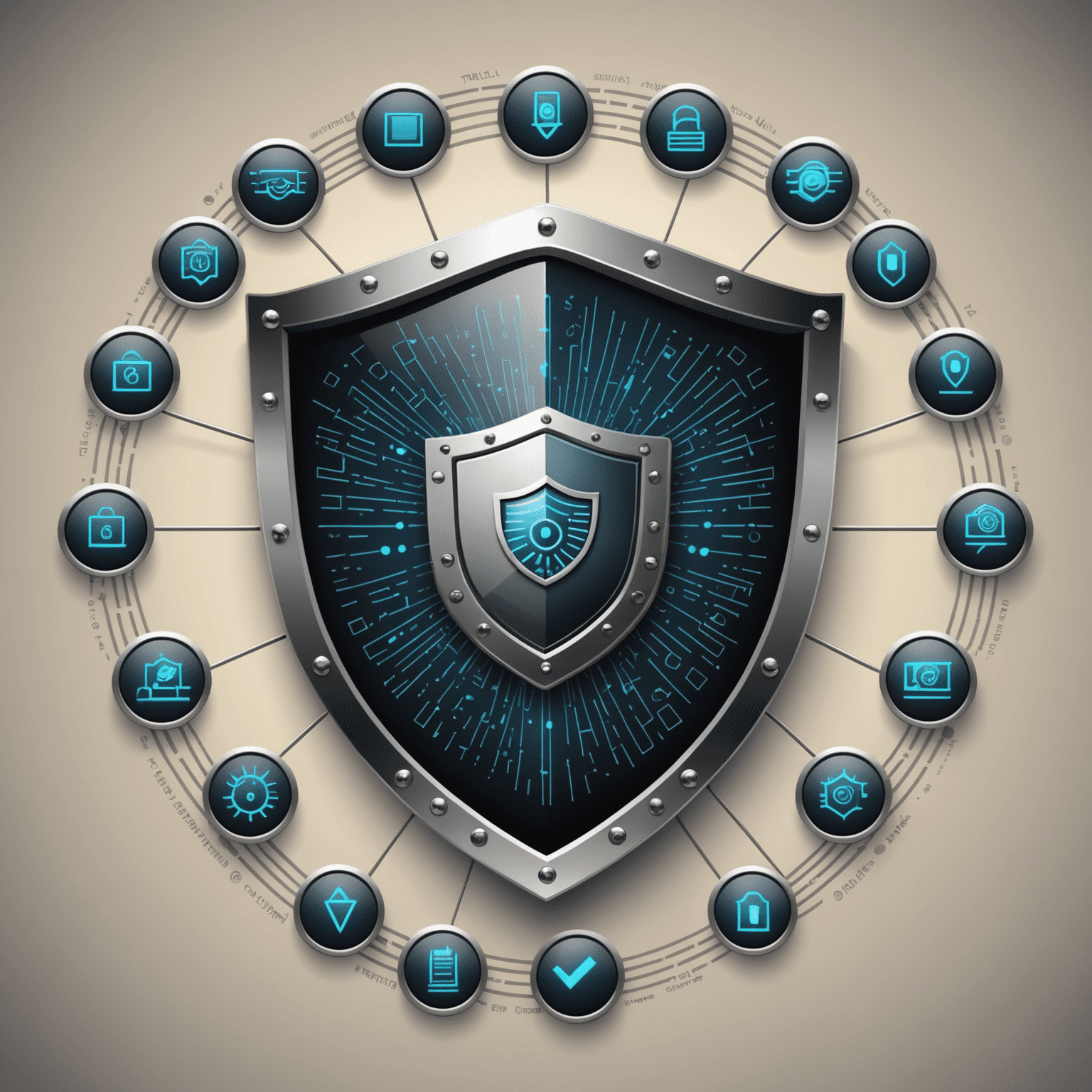 Graphic showing a shield protecting email icons, with various cybersecurity elements like locks and binary code in the background