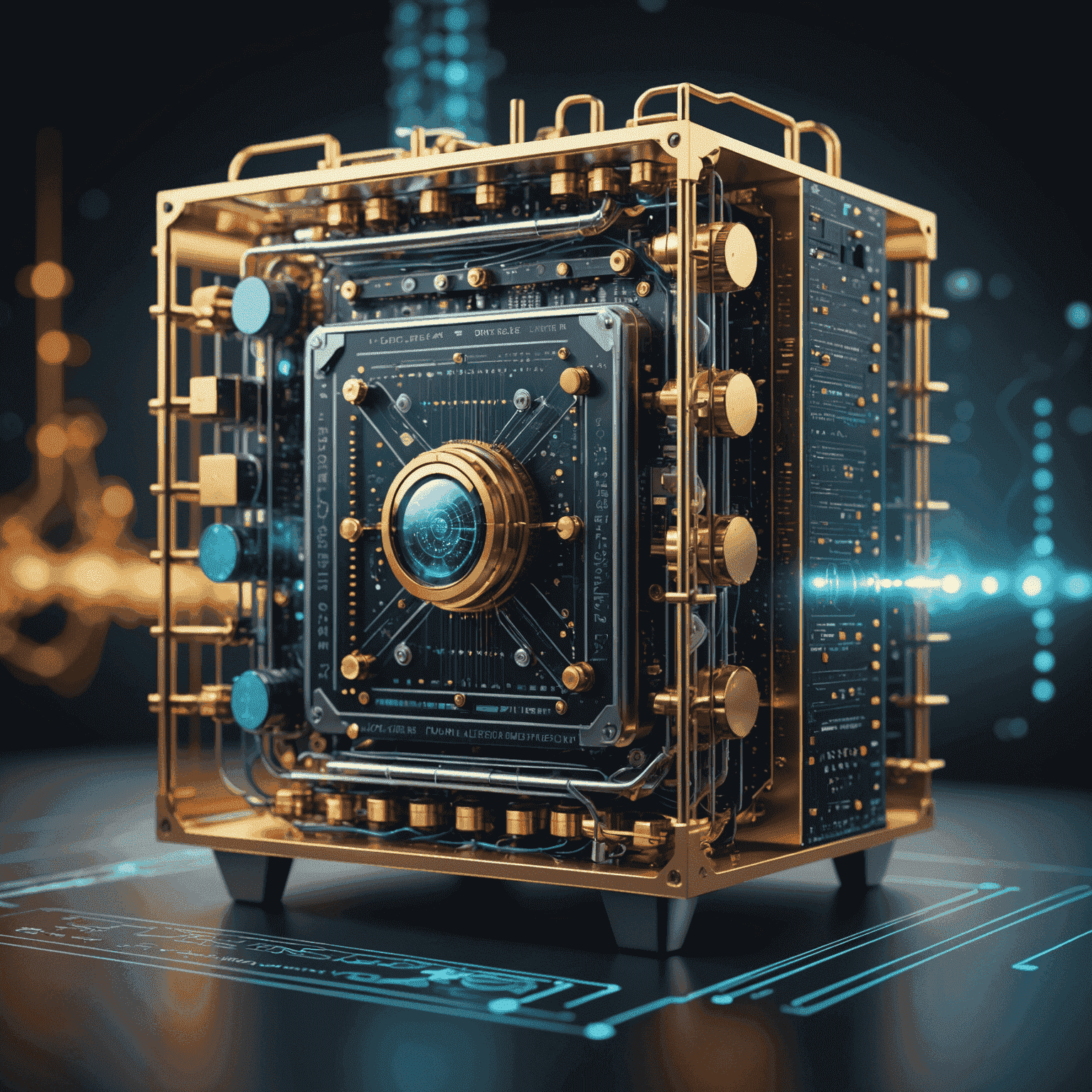 Conceptual image of a quantum computer with visual representations of its applications in cryptography, drug discovery, finance, and climate science