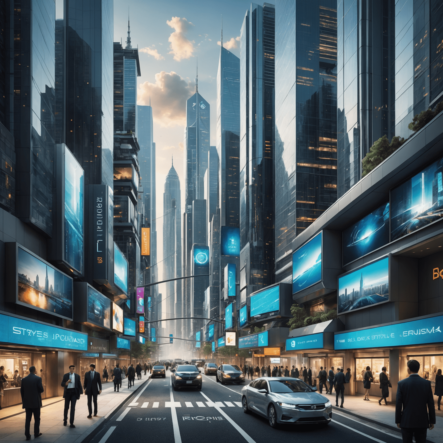 Futuristic cityscape showcasing advanced technologies integrated into daily life, with visual cues representing job market changes, ethical considerations, new industries, and global solutions